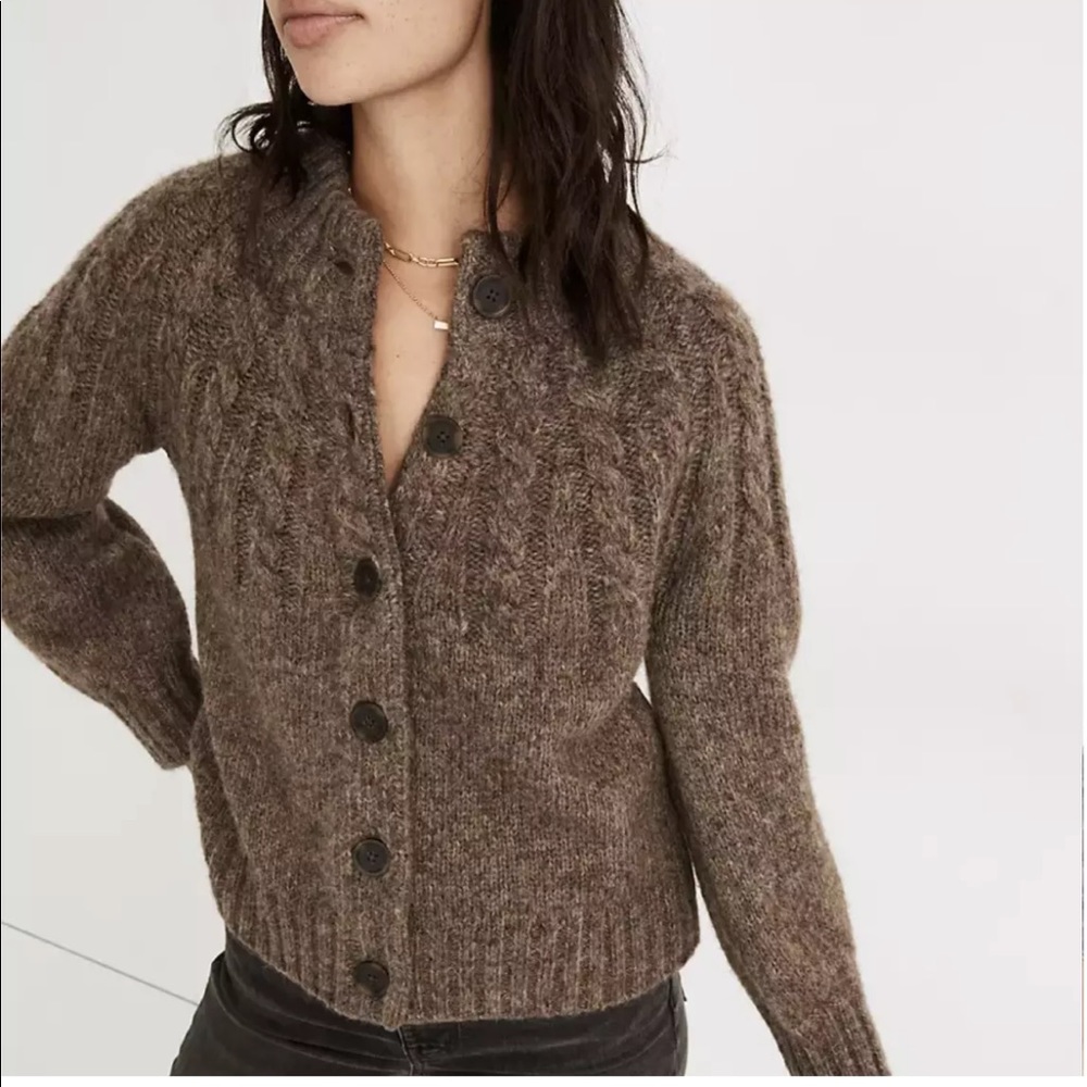 Madewell harwood cableknit mockneck cardigan sweater Heather otter brown